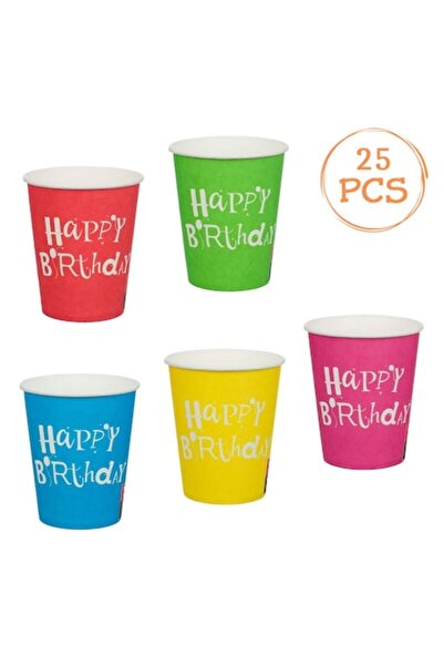 OEM Pahare Party, Happy Birthday, Set 25 buc, Multicolor, Capacitate 240ml
