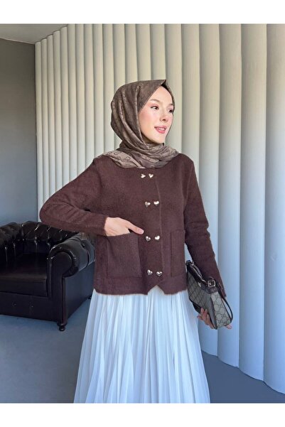 Molly Nelly Women's Heart Buttoned Furry Knitwear Short Cardigan