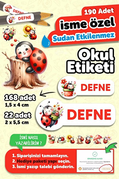 MSticker Okul Etiketi Kalem Defter isimli Etiket Isim Yazılabilen Uğurböceği ...