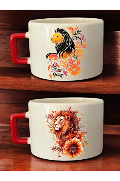 lili hediyelik Floral Lion Printed 2-Piece Coffee Cup Ceramic Mug - Ceramic Tea, Coffee Gift Cup
