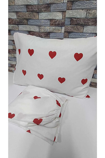 DİLEX White Red Heart Elastic Sheet Set Single Size