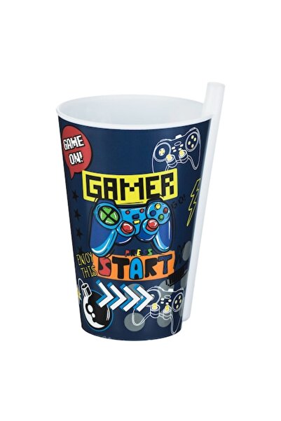 SHOPIENS Pahar de plastic Gamer cu pai încorporat, albastru, 0,4 l