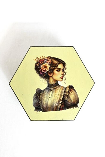 Uretti - Hülya 6683 2552 Handmade Nostalgic Retro Girl Printed Hexagonal Wooden Decorative Storage / Tray