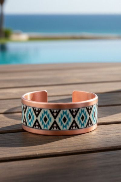 OSMANLI GÜMÜŞ Women's Copper Bracelet Ring Set - Eyes Model Special Edition Metal Box and Quartz Stone