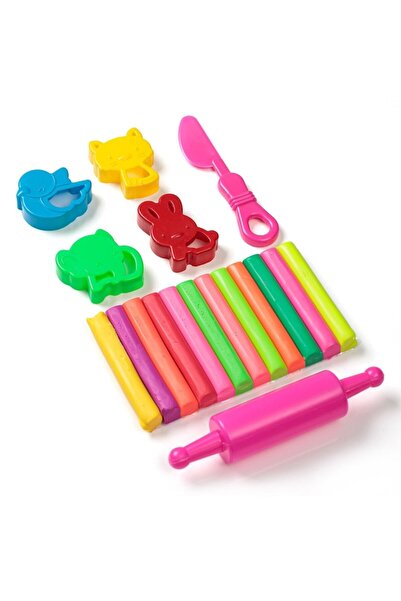 OEM Modeling clay set - 12 different neon colors with shapes, roller & knife - 18 pieces