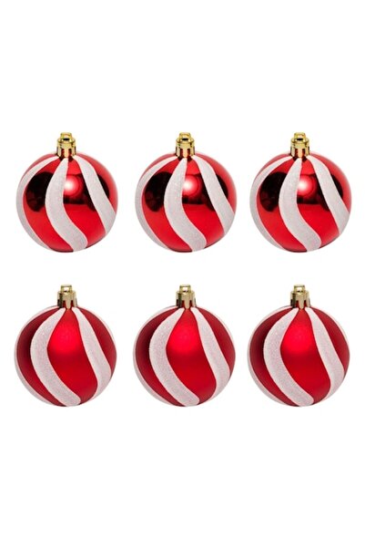 AB HOMES Set of 6 Christmas baubles Ø8cm, Candy red matte, shiny with iridescent stripe & glitter