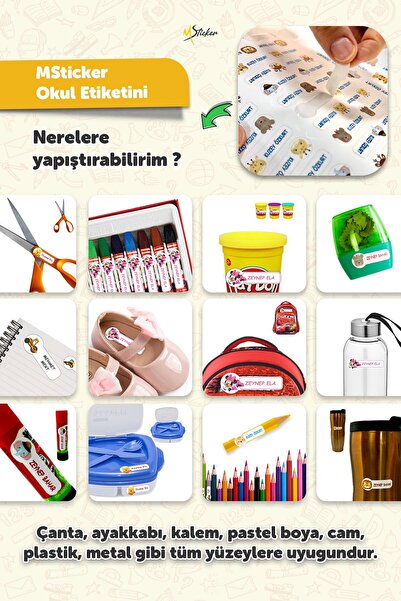 MSticker Okul Etiketi Kalem Defter isimli Etiket Isim Yazılabilen Kawai - 190 Adet Özel Tasarım Etiket