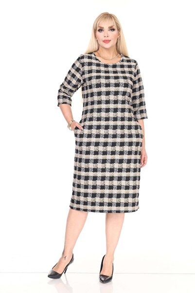 modayız Double Pocket Patterned Stretchy Winter Plus Size Midi Dress 7C-2712