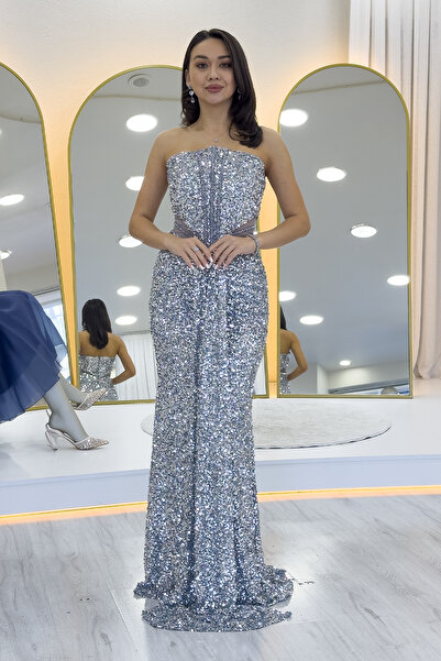 zks grup tekstil Βραδινό φόρεμα χωρίς λουράκια με παγιέτες στη μέση, ασημί, σαξόφωνο, χρυσό, πούδρα, μπλε ναυτικό, μαύρο, μπλε βρεφικό