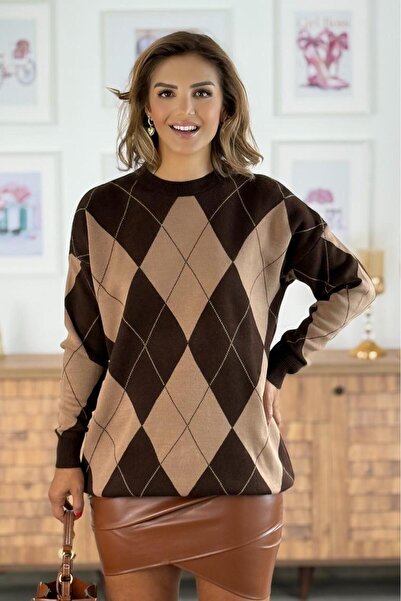Nevin Kaya Moda Brown Diamond Patterned Sweater