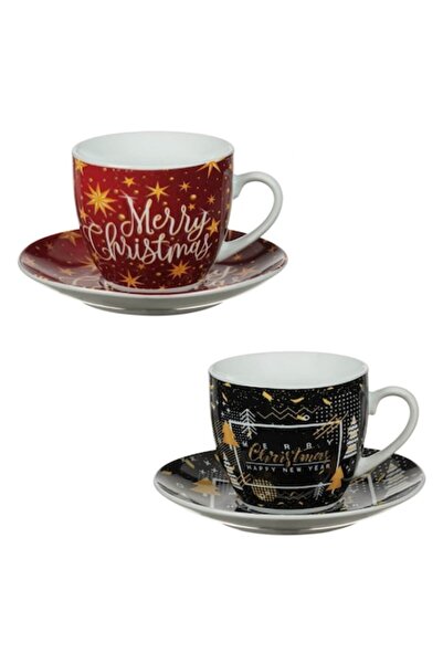 OEM Christmas Porcelain Mug Set, Merry Christmas Design, Saucers Included, Red & Black, 200ml, 2 Pieces