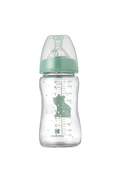 Kikka Boo Biberon din sticlă, ursuleț, tetină din silicon, verde mentă, 260 ml