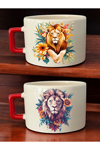 lili hediyelik Flower Lion Printed 2-Piece Coffee Cup Ceramic Mug - Ceramic Tea, Coffee Gift Cup