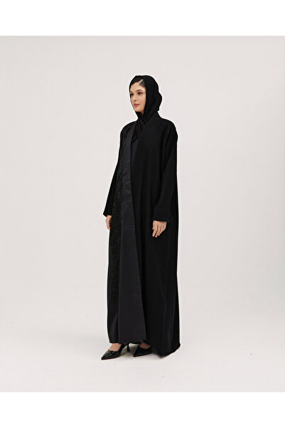 SOROSE SA عباية لف سوداء سيراميك وتفتة نص كلوش بتطريز وكريستال