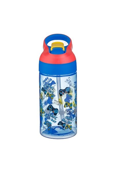 SHOPIENS Sticlă de apă Gamer, albastră, 500 ml, pop-up, pai din silicon