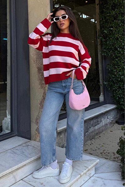 Madmext Pudra Bisiklet Yaka Çizgili Oversize Triko Kazak MG1972