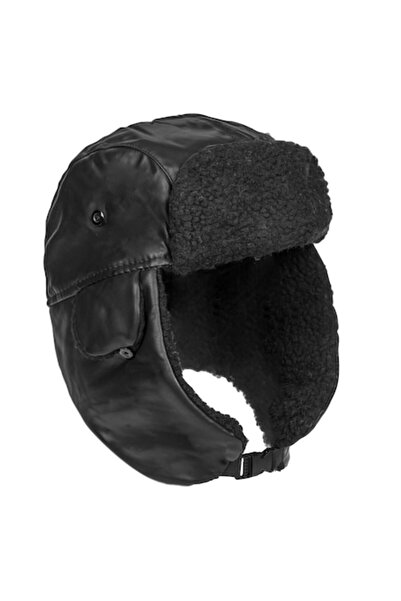 SHOPIENS Pălărie bărbătească Trapper, neagră, blană artificială, piele ecolog...