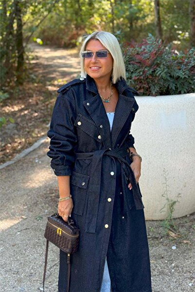By Esra Celkan Lacivert Denim Çıtçıtlı Cepli Uzun Trençkot