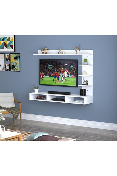 Modern home Wood Wall Mount TV Unit With side and top shelves for TVs up to 55 Inches 160cm White