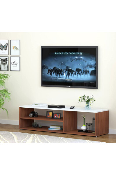 Modern home TV unit modern design with 1 side cabinets and 2 storage racks - 130cm - Brown with white