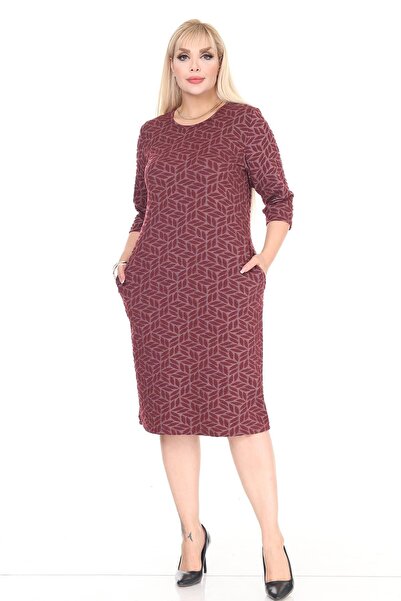 modayız Double Pocket Patterned Stretchy Winter Plus Size Midi Dress 45C-2713