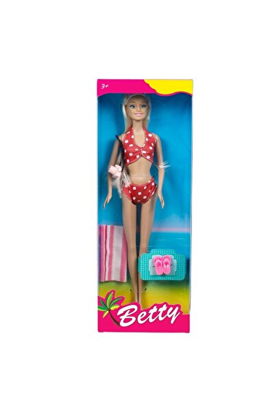 OEM Păpușă manechin Betty, 30 cm, costum de baie cu buline roșii, ochelari de soare fuchsia, prosop cu dungi, șlapi roz
