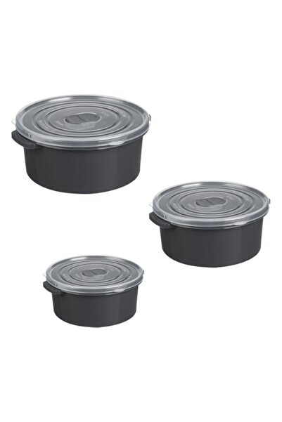 SHOPIENS Set of 3 Round Food Containers with Vent Lid, 500/1000/2000 ml, Gray, Microwave-Safe