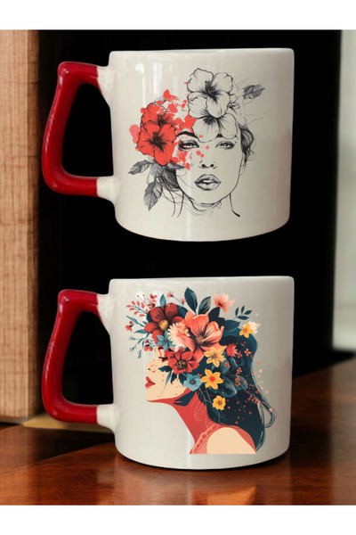 lili hediyelik Flower and Woman Printed 2-Piece Coffee Cup Ceramic Mug - Ceramic Tea, Coffee Gift Cup