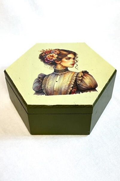 Uretti - Hülya 6683 2552 Handmade Nostalgic Retro Girl Printed Hexagonal Wooden Decorative Storage / Tray