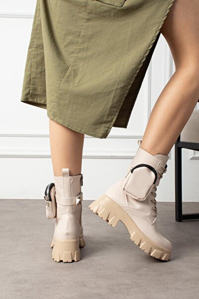 ShoeTek Lorbi Kadın Bot Çantalı Postal Bej Deri