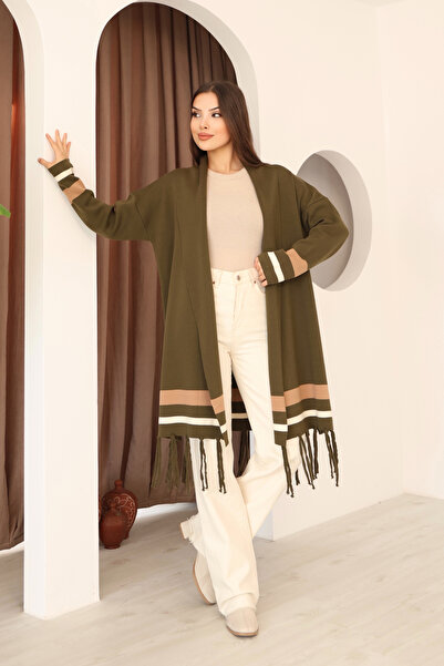 ALCHON U-Neck Long Sleeve Striped Stripe Interlace Pattern Skirt Tassel Shawl Look Seasonal Knitwear Cardigan