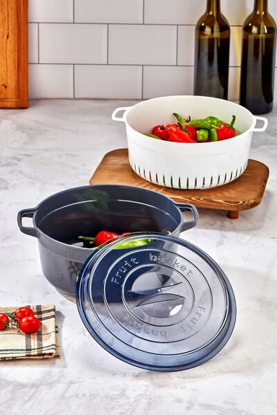 EA HOME Round Pot Model Fruit and Vegetable Storage Container with Strainer Anthracite