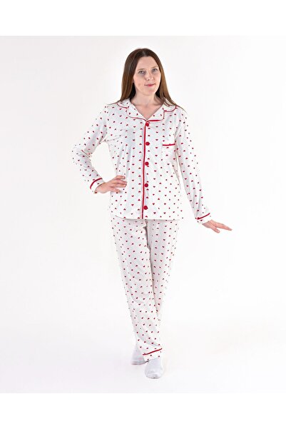 ANKANOVA Kadın kalpli %100 pamuk önden düğmeli alt üst pijama Takımı ( tam Kalıptır)