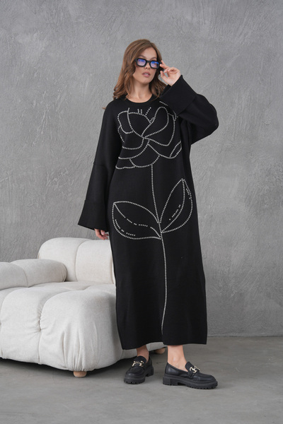 Miss Allos Women's Front Beaded Wide Fit Long Knitwear Dress