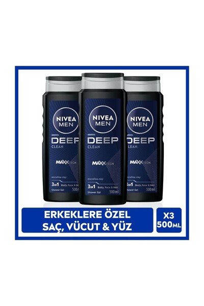 NIVEA MEN Erkek Deep Dimension Duş Jeli 500ml, 3ü1Arada Komple Bakım, Vücut Saç Yüz, Erkeksi Koku, X