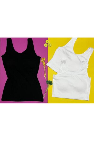 VELOURE Kadın Atlet V Yaka Sütyenli Modal 3’lü 2 Beyaz ve 1 Siyah Pedli Atlet...