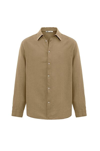 VAMOSCLO Oversize Long Sleeve Muslin Fabric Shirt Khaki