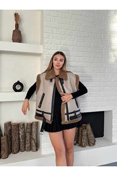 Ekim Store Oversize İçi Peluş Deri Biker Yelek