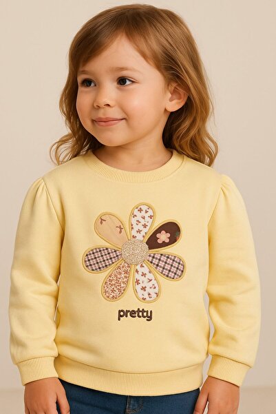 Genel Markalar Kız Çocuk Sarı Sweatshirt – Pretty Yazılı Patchwork Çiçek Desenli