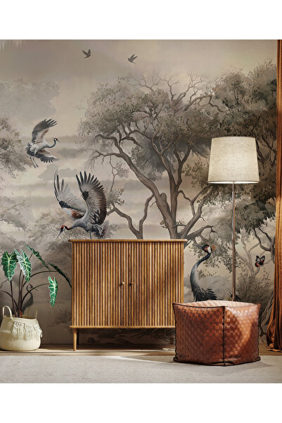 Tasarım Monochrome Orman ve Leylekler Sanatsal Çalışma Duvar Kağıdı