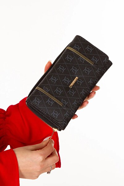 Eliza Kadın Deri Desenli Telefon Kağıt Para Bölmeli Kartlık ve Cüzdan - Siyah