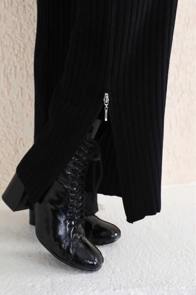 STF MODA Women's Corded Fabric Collar Zippered Black Knitwear Set with Slit Side Zippers