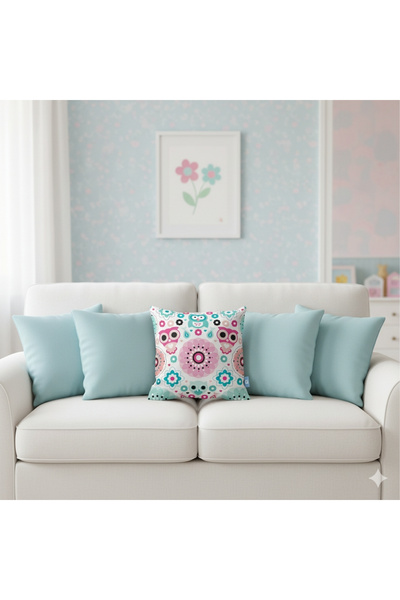 Bc Home Pembe , Mint Baykuş Desenli, Kare Kırlent Kılıfı, 43 x 43 cm , 1 Adet...