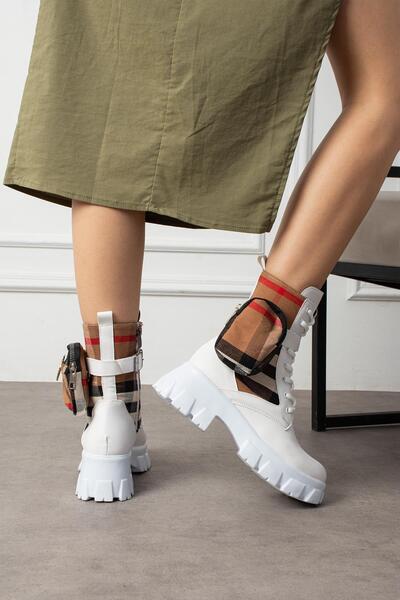 ShoeTek Lorbi Women's Boots with Bag, Plaid Fabric, White Leather