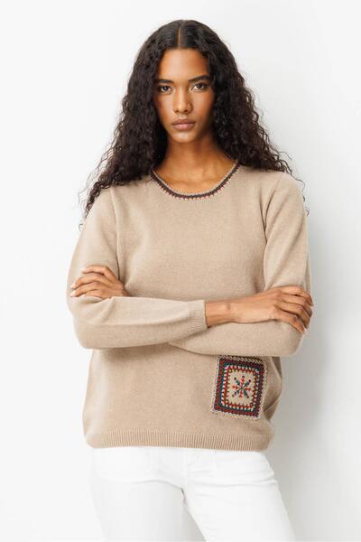 Desen Triko Women's Crew Neck Pocket and Collar Crocheted Wool Sweater Beige