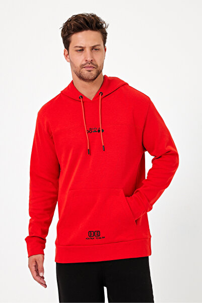 CLIPMAN Erkek Regular Fit Kapüşonlu 2 iplik Baskılı Sweatshirt Kırmızı