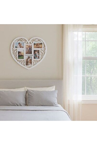 SHOPIENS White Heart Photo Frame 6 Photos 60x56cm Plastic with Glass Pane Wall Mount