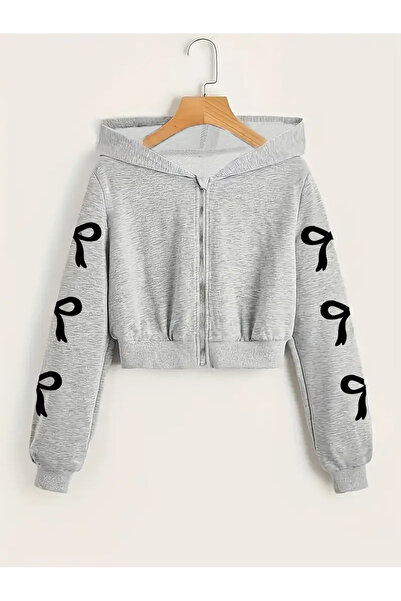 haha Kız Çocukları için Fiyonk Baskılı Gri Ceket