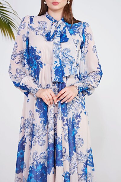 Stylish White floral midi dress with high neck tie