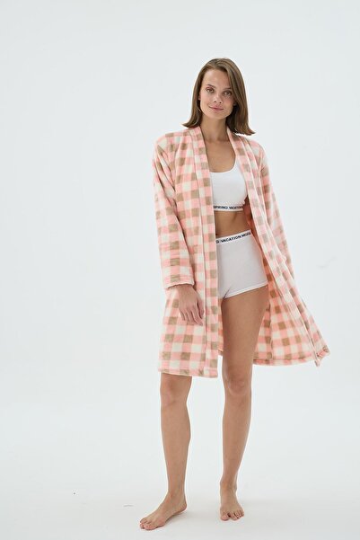 Sevim Women's Soft Square Patterned Belted Dressing Gown with Pockets – Pink Beige C6T8N261